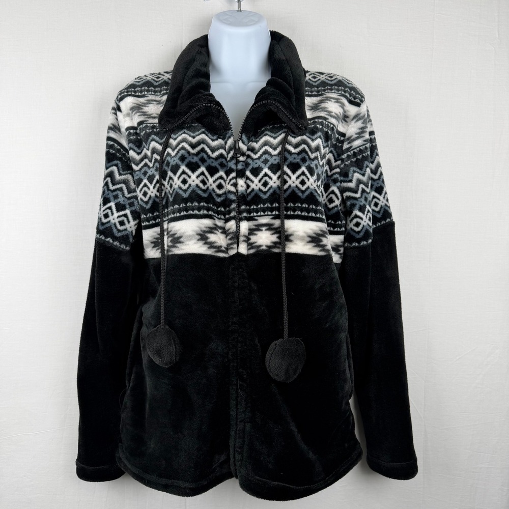 Trail Crest Fleece Jacket Small Black Aztec Geometric Full Zip Pom Pom Outdoors